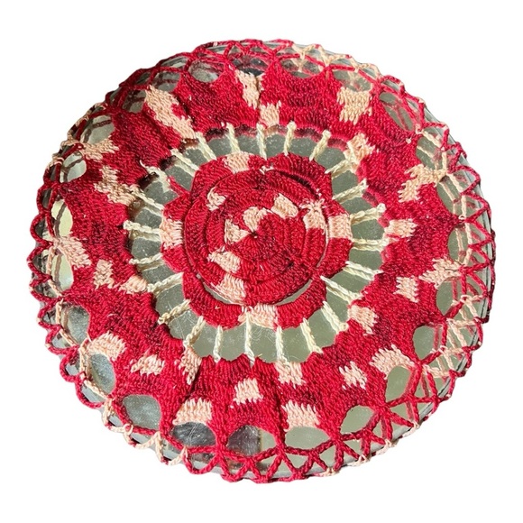 Vintage Hand Crocheted Doily Over Round Mirror - Picture 1 of 5